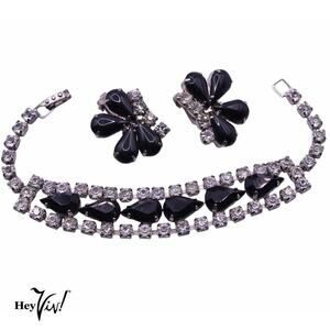 Vintage 50s Black Rhinestone 2 Piece Set Bracelet and Clip On Earrings - Hey Viv